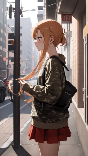 high_school_girl, SAM YANG, disheveled, aaasuna, perfect hands, wear Camouflage, in a modern city, bun hair