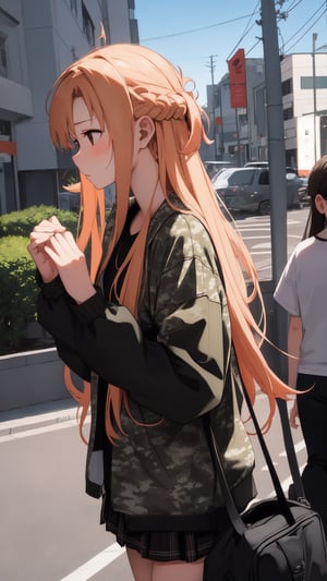 high_school_girl, SAM YANG, disheveled, aaasuna, perfect hands, wear Camouflage, in a modern city, bun hair