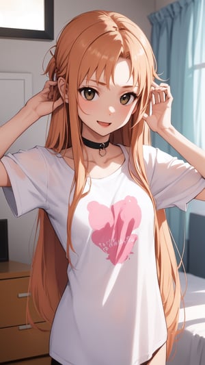 high_school_girl, SAM YANG, disheveled, aaasuna, perfect hands, , in a modern world, in her room, medium_breasts, happy, sexy, naked_shirt, black Choker, say hi