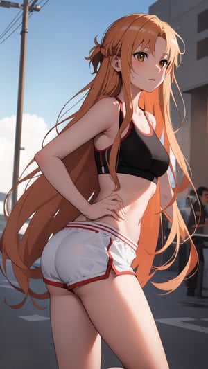 high_school_girl, SAM YANG, disheveled, aaasuna, perfect hands, sport bra, in a modern world, Jogging, medium_breasts
