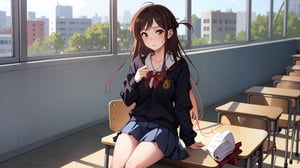 in a modern city and wearing a school uniform girl with long beautiful high_school_girl,SAM YANG, class_room, sports_uniform , mizuhara_chizuru