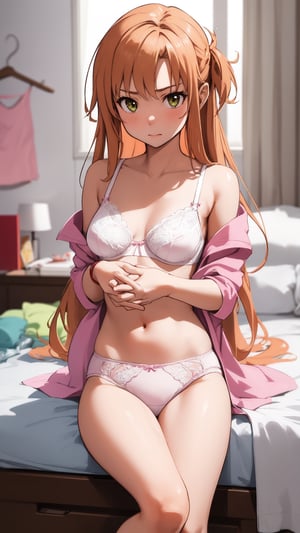 high_school_girl, SAM YANG, disheveled, aaasuna, perfect hands, , in a modern world, in her room, medium_breasts, changing cloth, underwear, shy