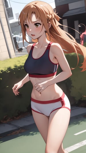 high_school_girl, SAM YANG, disheveled, aaasuna, perfect hands, sport bra, in a modern world, Jogging, medium_breasts
