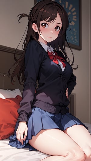 high_school_girl,SAM YANG, school_uniform,   shy face , lying on her back on a bed , and is looking directly at the viewer, The upper viewing angle,mizuhara_chizuru