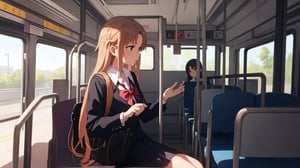 high_school_girl, SAM YANG, disheveled, aaasuna, perfect hands, , in a modern world, medium_breasts, school_uniforms, taking a bus, schoolbag, go to school