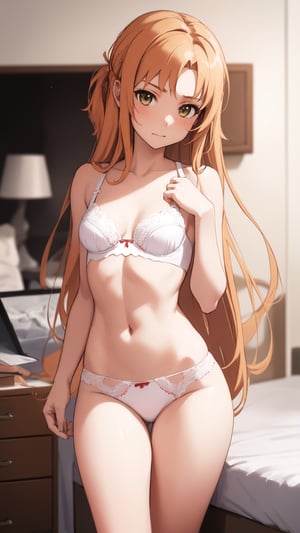 high_school_girl, SAM YANG, disheveled, aaasuna, perfect hands, , in a modern world, in her room, medium_breasts, changing cloth, underwear, shy