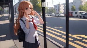 high_school_girl, SAM YANG, disheveled, aaasuna, perfect hands, , in a modern world, medium_breasts, school_uniforms, waiting fo bus, schoolbag, go to school