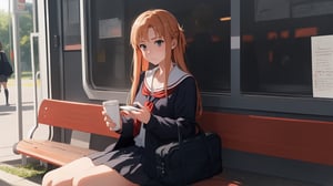 high_school_girl, SAM YANG, disheveled, aaasuna, perfect hands, , in a modern world, medium_breasts, school_uniforms, waiting fo bus, schoolbag, go to school