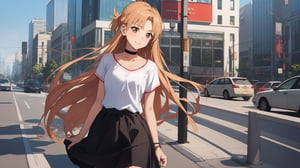 high_school_girl, SAM YANG, disheveled, aaasuna, perfect hands, , in a modern world, city, medium_breasts, happy, sexy, wearing_long_t-shirt, skirt, black Choker