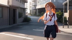 high_school_girl, SAM YANG, disheveled, aaasuna, perfect hands, , in a modern world, medium_breasts, school_uniforms, walking, schoolbag, go to school