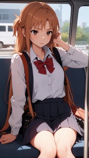 high_school_girl, SAM YANG, disheveled, aaasuna, perfect hands, , in a modern world, medium_breasts, school_uniforms, taking a bus, schoolbag, go to school