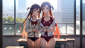 in a modern city and wearing a school uniform girl with long beautiful high_school_girl,SAM YANG, class_room, sports_uniform, swim_suit , mizuhara_chizuru,aaasuna, two girls together, asuna with mizuhara