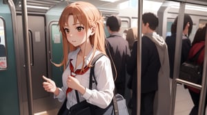 high_school_girl, SAM YANG, disheveled, aaasuna, perfect hands, , in a modern world, medium_breasts, school_uniforms, taking a Subway, schoolbag, go to school