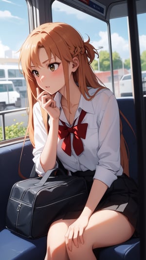 high_school_girl, SAM YANG, disheveled, aaasuna, perfect hands, , in a modern world, medium_breasts, school_uniforms, taking a bus, schoolbag, go to school