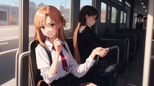 high_school_girl, SAM YANG, disheveled, aaasuna, perfect hands, , in a modern world, medium_breasts, school_uniforms, taking a bus, schoolbag, go to school