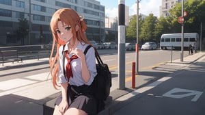 high_school_girl, SAM YANG, disheveled, aaasuna, perfect hands, , in a modern world, medium_breasts, school_uniforms, waiting fo bus, schoolbag, go to school