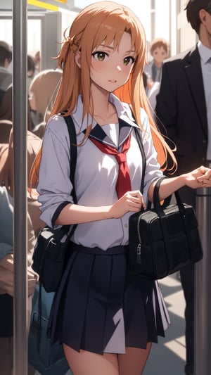 high_school_girl, SAM YANG, disheveled, aaasuna, perfect hands, , in a modern world, medium_breasts, school_uniforms, taking a Subway, schoolbag, go to school