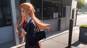 high_school_girl, SAM YANG, disheveled, aaasuna, perfect hands, , in a modern world, medium_breasts, school_uniforms, walking, schoolbag, go to school