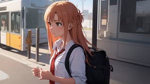 high_school_girl, SAM YANG, disheveled, aaasuna, perfect hands, , in a modern world, medium_breasts, school_uniforms, waiting fo bus, schoolbag, go to school