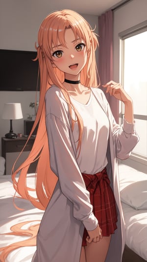 high_school_girl, SAM YANG, disheveled, aaasuna, perfect hands, , in a modern world, in her room, medium_breasts, happy, sex, naked_shirt, black Choker