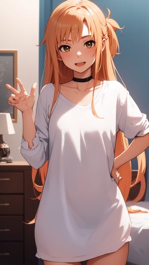 high_school_girl, SAM YANG, disheveled, aaasuna, perfect hands, , in a modern world, in her room, medium_breasts, happy, sexy, naked_shirt, black Choker, say hi