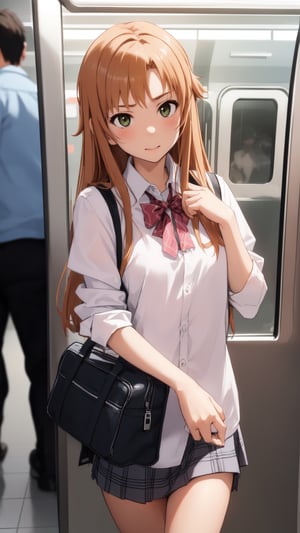 high_school_girl, SAM YANG, disheveled, aaasuna, perfect hands, , in a modern world, medium_breasts, school_uniforms, taking a Subway, schoolbag, go to school