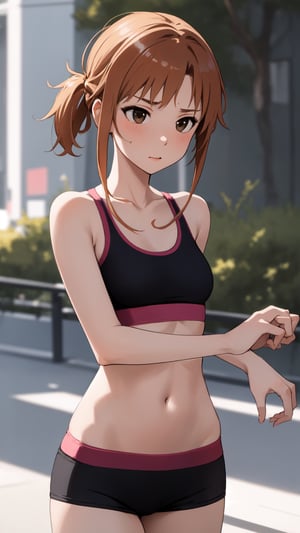 high_school_girl, SAM YANG, disheveled, aaasuna, perfect hands, sport bra, in a modern world, Jogging, medium_breasts
