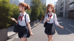 high_school_girl, SAM YANG, disheveled, aaasuna, perfect hands, , in a modern world, medium_breasts, school_uniforms, walking, schoolbag, go to school