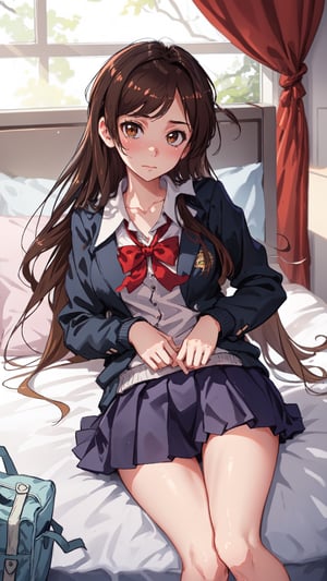 high_school_girl,SAM YANG, school_uniform,   shy face , lying on her back on a bed , and is looking directly at the viewer, The upper viewing angle,mizuhara_chizuru , disheveled, mizuhara_chizuru