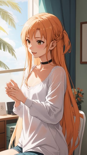 high_school_girl, SAM YANG, disheveled, aaasuna, perfect hands, , in a modern world, in her room, medium_breasts, happy, sex, naked_shirt, black Choker