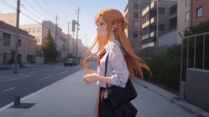 high_school_girl, SAM YANG, disheveled, aaasuna, perfect hands, , in a modern world, medium_breasts, school_uniforms, walking, schoolbag, go to school