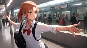 high_school_girl, SAM YANG, disheveled, aaasuna, perfect hands, , in a modern world, medium_breasts, school_uniforms, taking a Subway, schoolbag, go to school