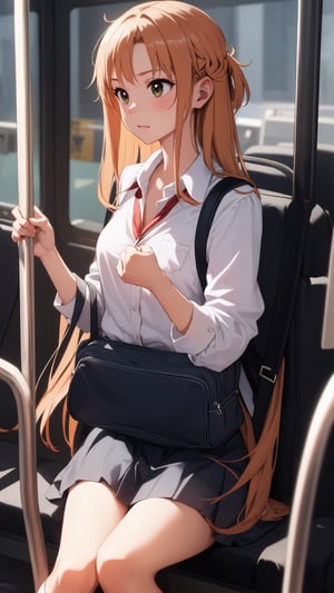 high_school_girl, SAM YANG, disheveled, aaasuna, perfect hands, , in a modern world, medium_breasts, school_uniforms, taking a bus, schoolbag, go to school