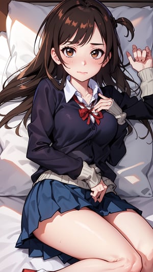 high_school_girl,SAM YANG, school_uniform,   shy face , lying on her back on a bed , and is looking directly at the viewer, The upper viewing angle,mizuhara_chizuru