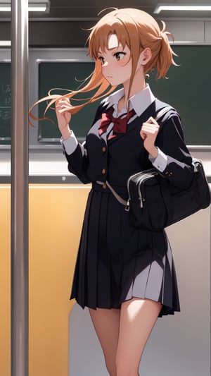 high_school_girl, SAM YANG, disheveled, aaasuna, perfect hands, , in a modern world, medium_breasts, school_uniforms, taking a Subway, schoolbag, go to school