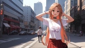 high_school_girl, SAM YANG, disheveled, aaasuna, perfect hands, , in a modern world, city, medium_breasts, happy, sexy, wearing_long_t-shirt, skirt, black Choker