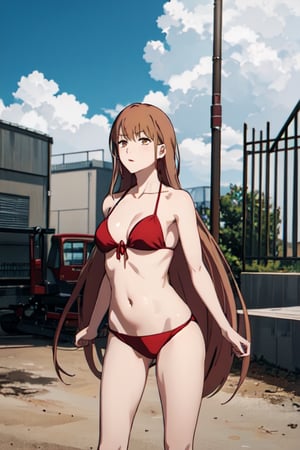 long hair, brown hair, clothing changing, csm anime style, makima (chainsaw man), only one person, bikini