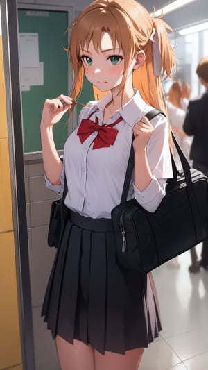 high_school_girl, SAM YANG, disheveled, aaasuna, perfect hands, , in a modern world, medium_breasts, school_uniforms, taking a Subway, schoolbag, go to school