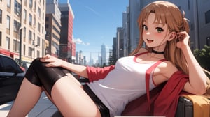 high_school_girl, SAM YANG, disheveled, aaasuna, perfect hands, , in a modern world, city, medium_breasts, happy, sexy, wearing_long_t-shirt, black Choker