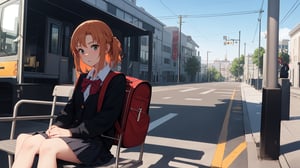 high_school_girl, SAM YANG, disheveled, aaasuna, perfect hands, , in a modern world, medium_breasts, school_uniforms, waiting fo bus, schoolbag, go to school