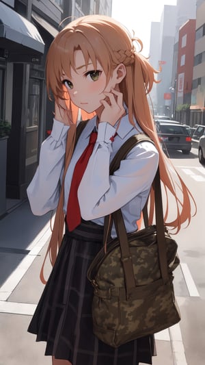 high_school_girl, SAM YANG, disheveled, aaasuna, perfect hands, wear Camouflage, in a modern city, tie up hair