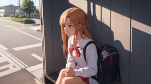 high_school_girl, SAM YANG, disheveled, aaasuna, perfect hands, , in a modern world, medium_breasts, school_uniforms, waiting fo bus, schoolbag, go to school