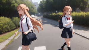 high_school_girl, SAM YANG, disheveled, aaasuna, perfect hands, , in a modern world, medium_breasts, school_uniforms, walking, schoolbag, go to school