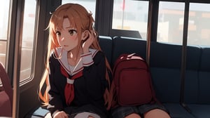 high_school_girl, SAM YANG, disheveled, aaasuna, perfect hands, , in a modern world, medium_breasts, school_uniforms, taking a bus, schoolbag, go to school