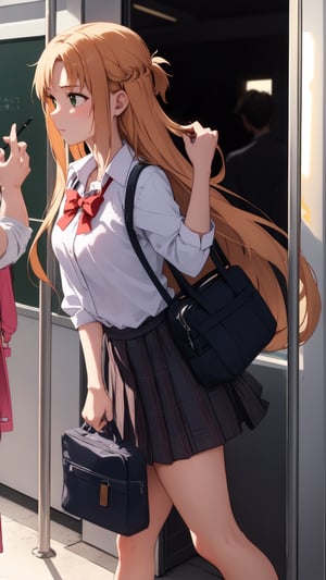 high_school_girl, SAM YANG, disheveled, aaasuna, perfect hands, , in a modern world, medium_breasts, school_uniforms, taking a Subway, schoolbag, go to school