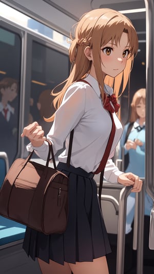 high_school_girl, SAM YANG, disheveled, aaasuna, perfect hands, , in a modern world, medium_breasts, school_uniforms, taking a bus, schoolbag, go to school