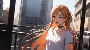 high_school_girl, SAM YANG, disheveled, aaasuna, perfect hands, , in a modern world, city, medium_breasts, happy, sexy, wearing_long_t-shirt, black Choker