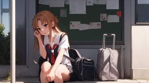 high_school_girl, SAM YANG, disheveled, aaasuna, perfect hands, , in a modern world, medium_breasts, school_uniforms, waiting fo bus, schoolbag, go to school