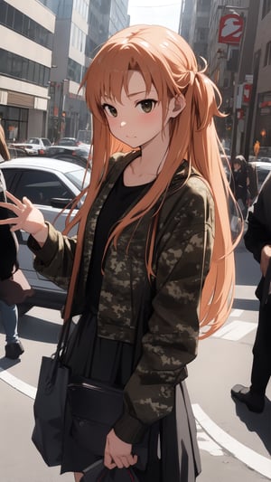 high_school_girl, SAM YANG, disheveled, aaasuna, perfect hands, wear Camouflage, in a modern city