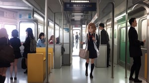 high_school_girl, SAM YANG, disheveled, aaasuna, perfect hands, , in a modern world, medium_breasts, school_uniforms, taking a Subway, schoolbag, go to school